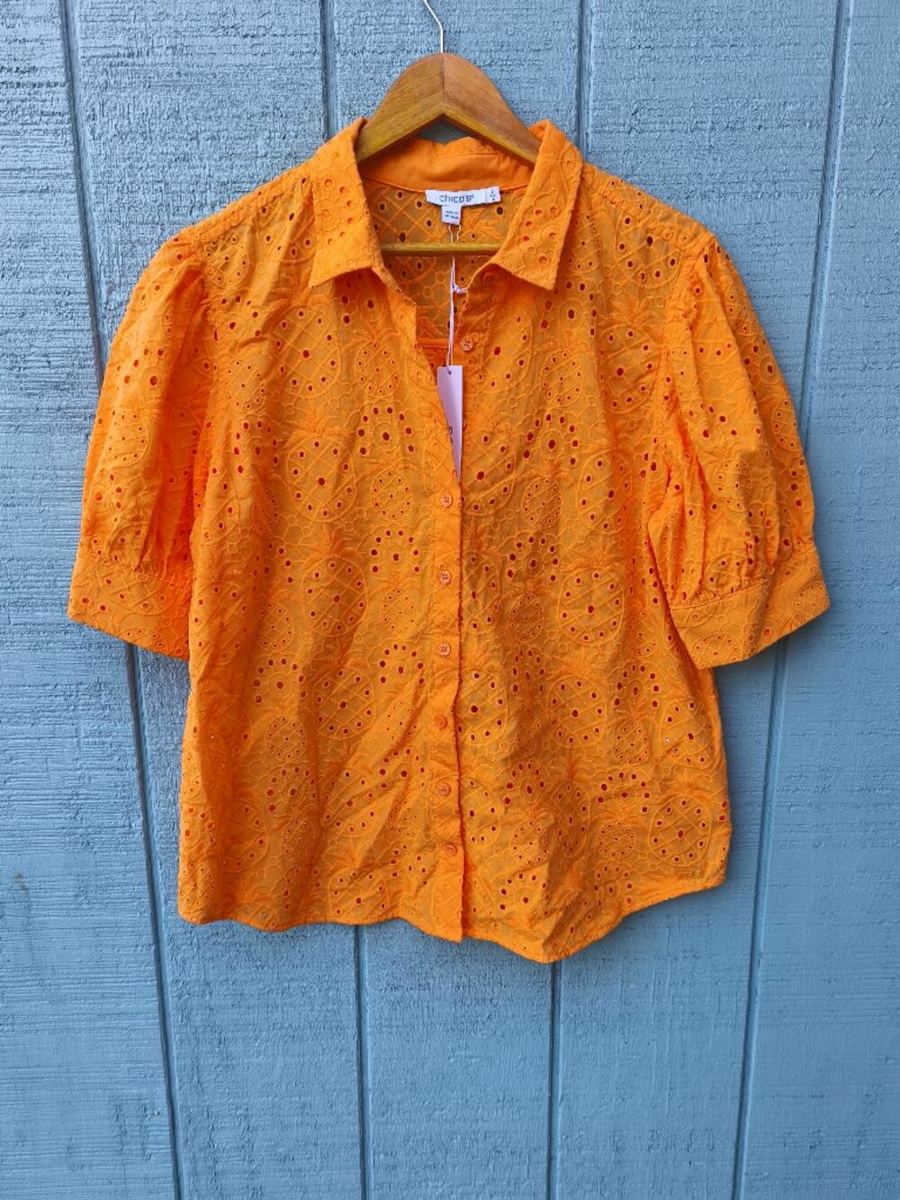 NWT Chico's Pineapple Eyelet Collared Button Down Blouse sz 2 L/XL Orange